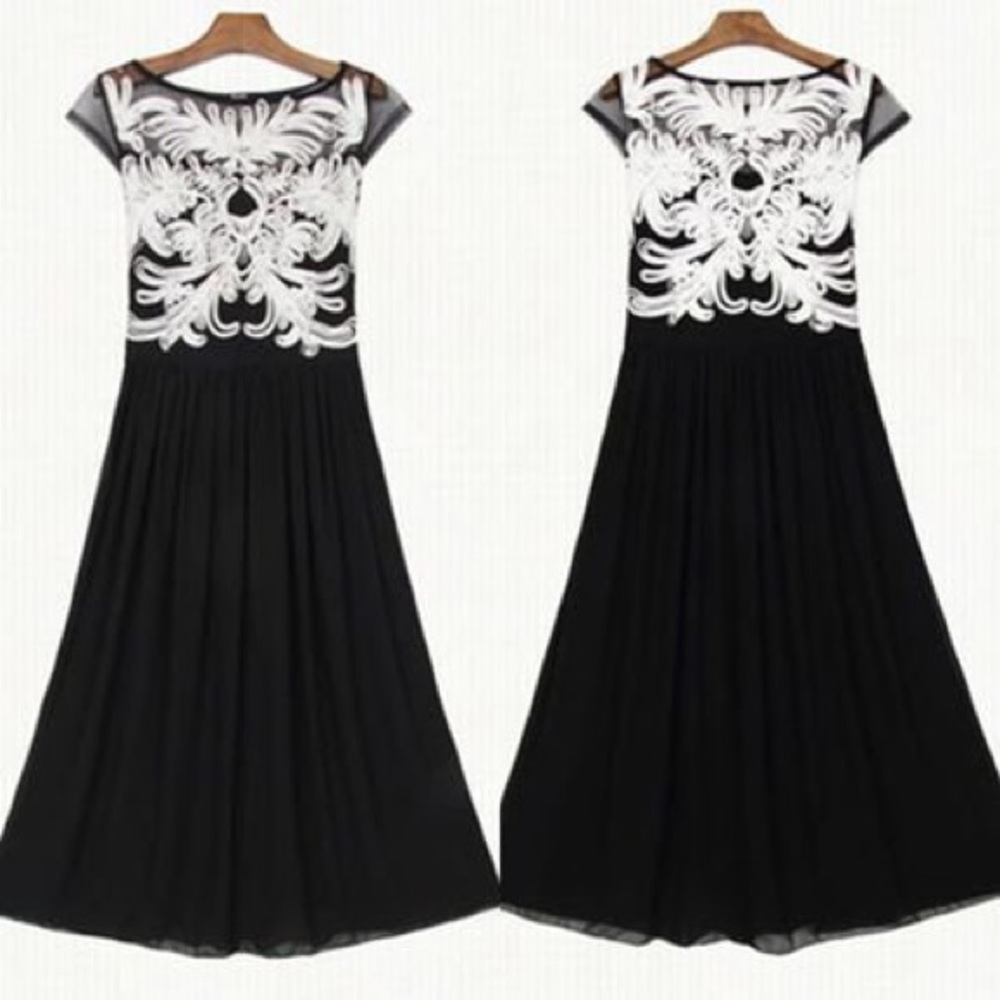 L&X Black Shear Chiffon White Soutache MIDI Dress - Picture 9 of 14